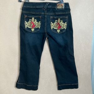 Low Rise Vintage Baby Phat ESTILO Stretch Flare Capri Crystal Cat Pockets Size 9